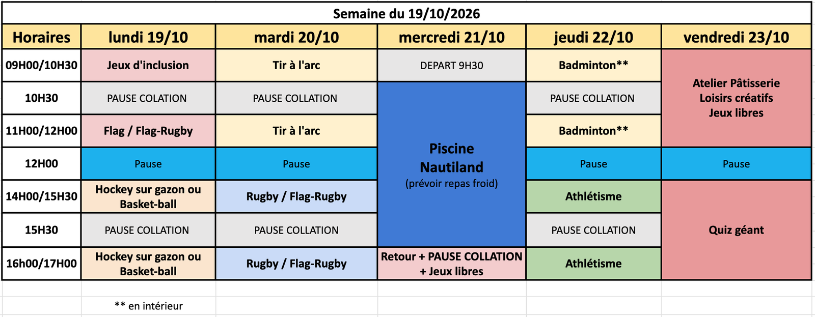 Planning détaillé du stage, semaine du 19 octobre 2026